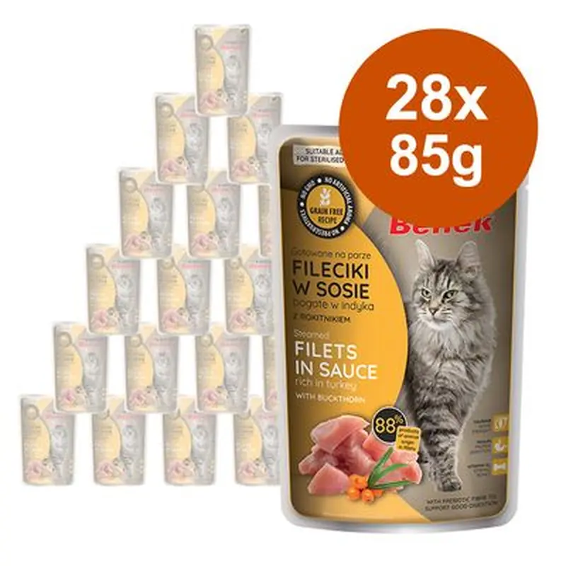 Super Benek Grain-Free Steamed Fillets 28 x 85g - Turkey with Sea Buckthorn in Gravy