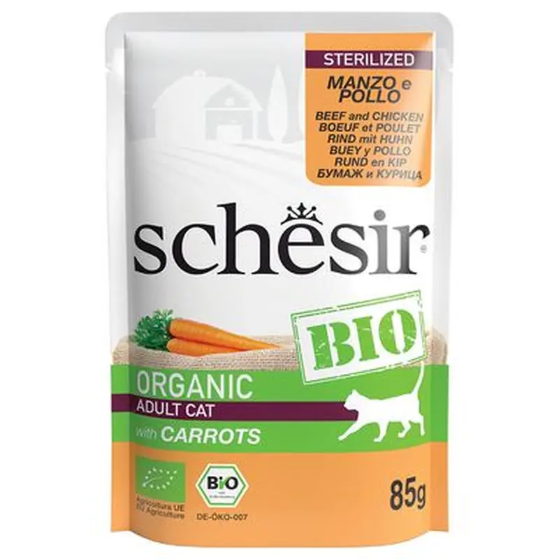 Schesir Bio Organic Pouch 8 x 85g - Sterilised Organic Chicken & Organic Pork