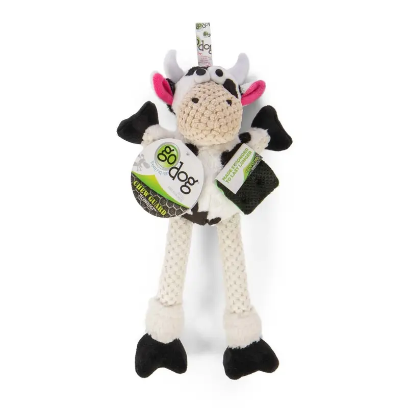 goDog Checkers Skinny Durable Plush Dog Toy Cow SM