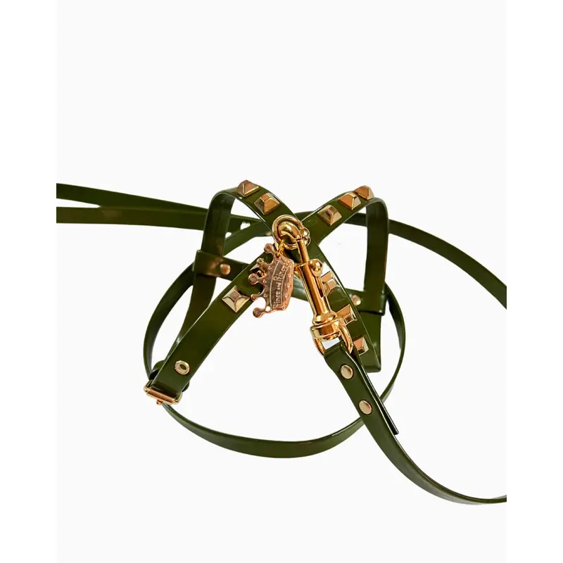 Fashion Dog Harness and Plain Leash Set - Olive Green with Gold Studs