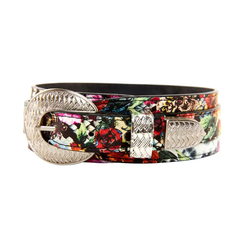 Floral, Scull, Snake Print Italian Leather Collar With Silver 3 Piece Hardware