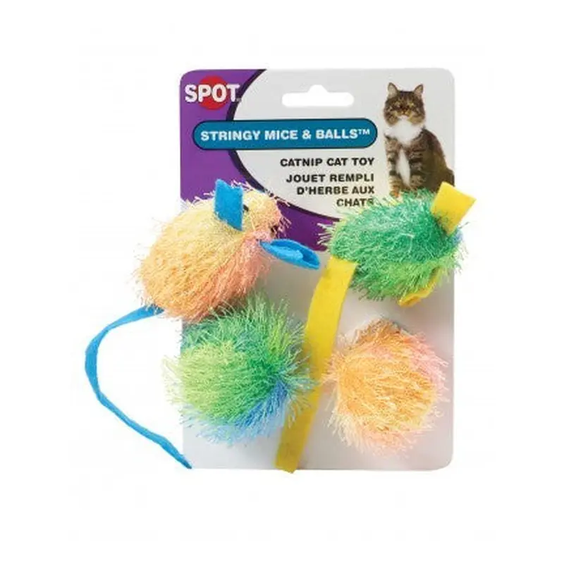 Spot Ethical Pet Cat Toy Stringy Mice & Ball With Catnip 4Pk