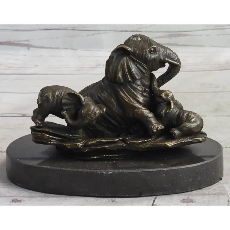 Miniature Bronze Sculpture Statue Elephant Family Figure Collectible 12" x 15"