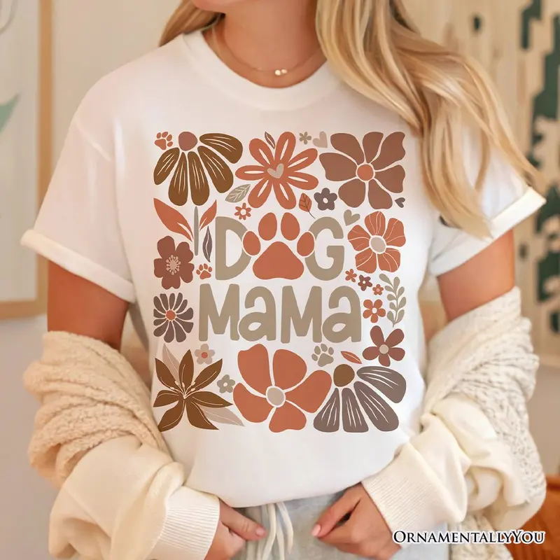 Dog Mama Boho Floral T-Shirt, White and Black Tee for Proud and Stylish Pet Lovers