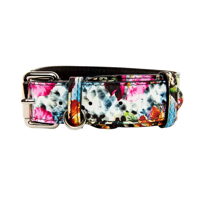 Floral, Scull, Snake Print Italian Leather Collar With Silver