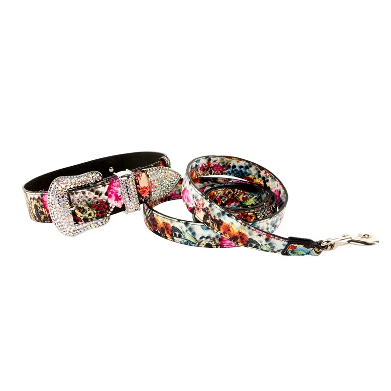 Floral, Scull, Snake Print Italian Leather/Swarovski Crystal Collar & Leash Set