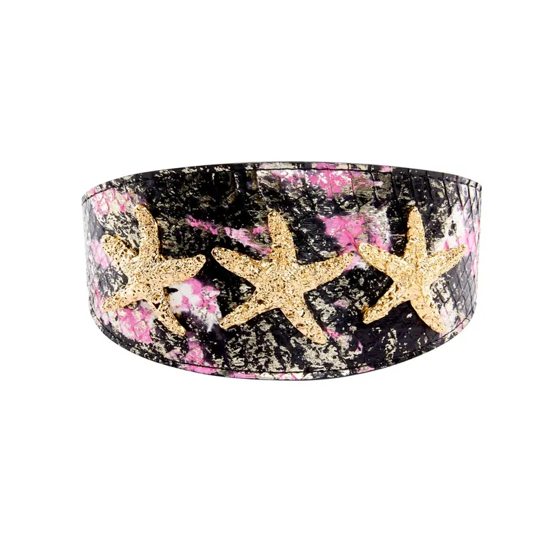 Black, White, Pink, Gold Snake 3 Wide Style Collar With Custom Starfish