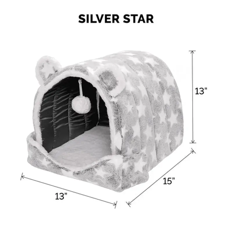 Fur Haven Fleece Snuggle Hideout Pet Bed - Fleece & Faux Fur 13x13in Grey Stars