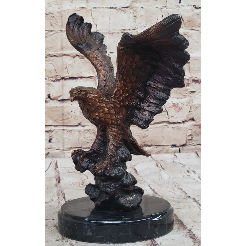 American Bald Eagle with Wings Spread Hot Cast Bronze Sculpture on Marble Base