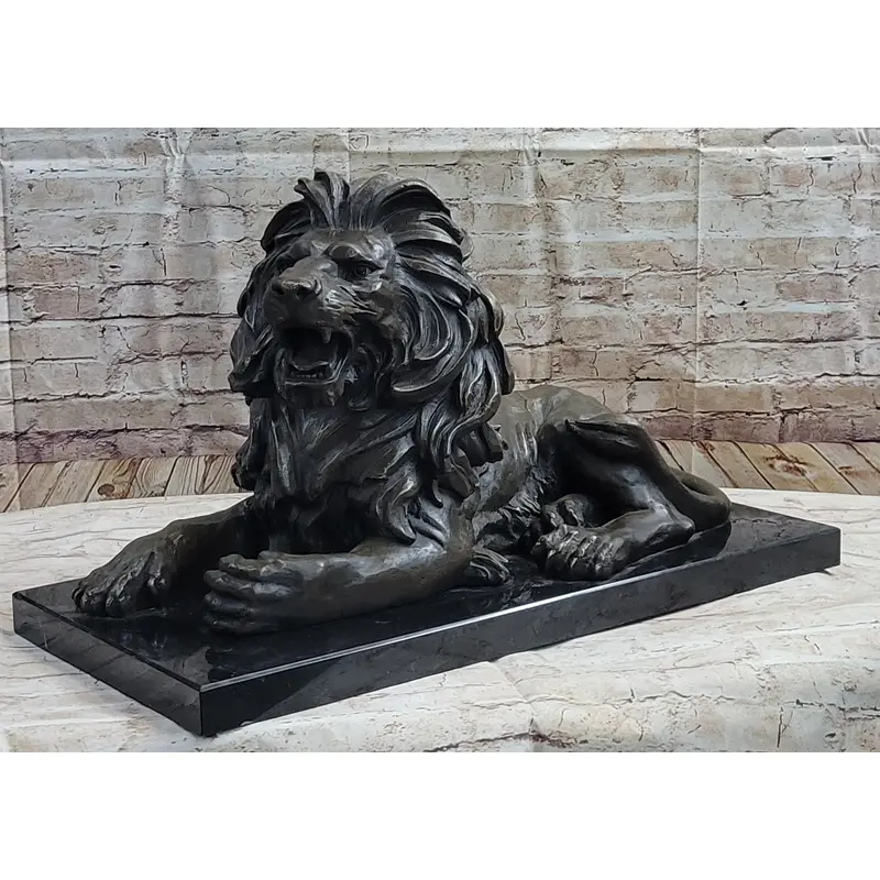 Hot Cast Bronze Guardian Lion on Marble Base after Antoine Barye