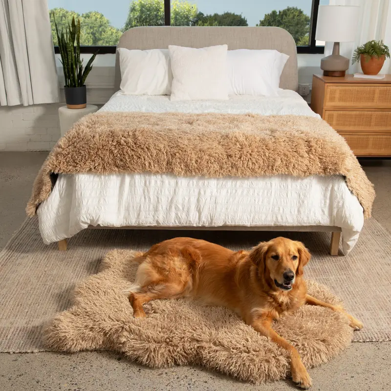 PupRug Luxe Faux Fur Orthopedic Dog Bed -  Plush Sheep Tan