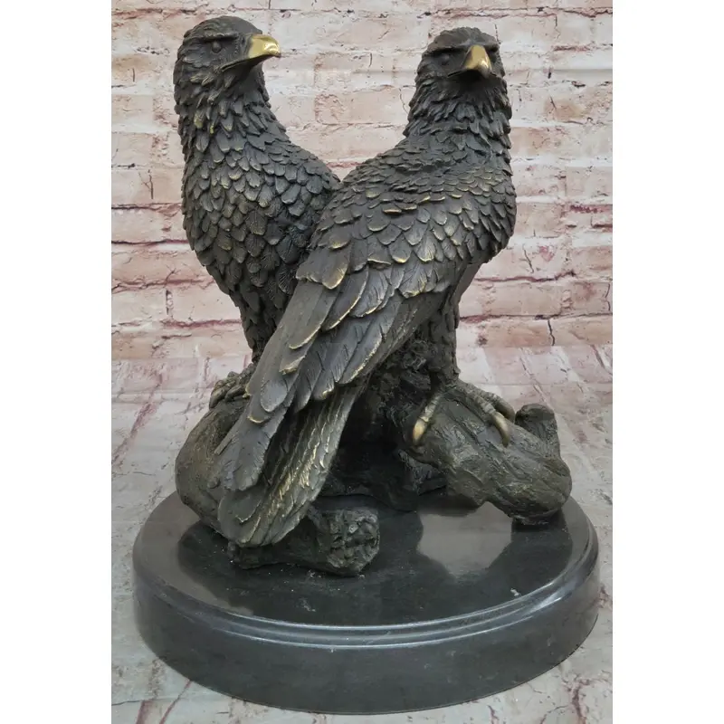 Two Juvenile American Bald Eagles Bronze Metal Statue Sculpture on Marble Base