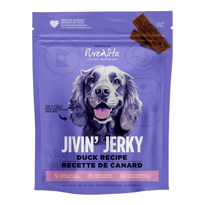 Nutrisource Jivin Jerky Strips Dog Treat Duck Recipe 4 oz