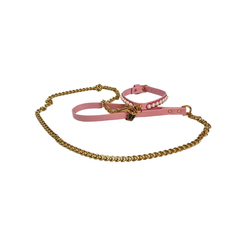 Fashion Collar and Chain Leash Set - Pink with Pearls