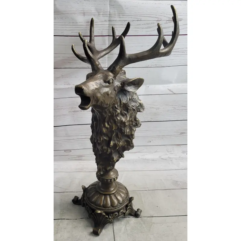 Elk Reindeer Caribou Stag Antlers Buck Bronze Bust Sculpture Statue Cabin Decor