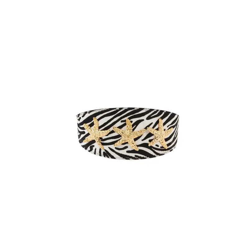 Zebra Print Hair On Hide Italian Leather Collar With Gold Starfish