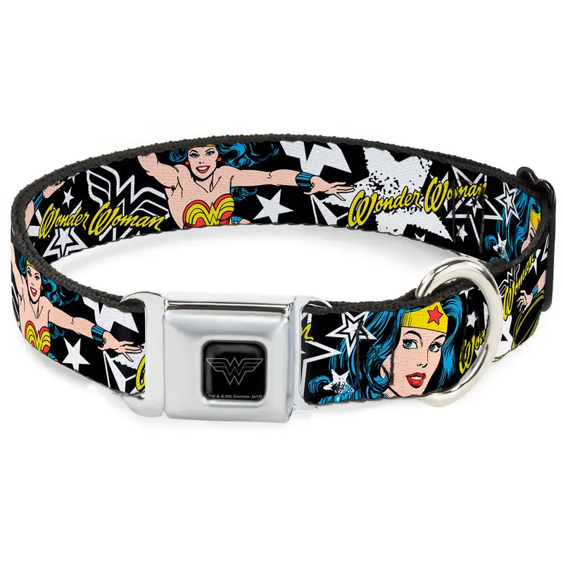 Wonder Woman Black Silver Seatbelt Buckle Collar - Wonder Woman/StarsBlack/White
