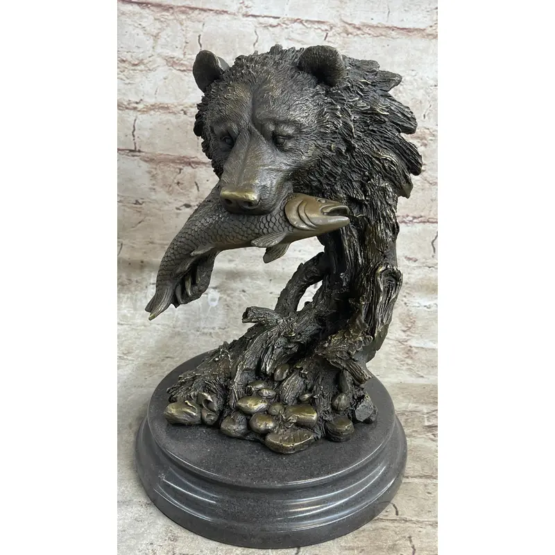 Bear Catching Salmon Bronze Metal Bust Statue Sculpture Original Art on Marble Base