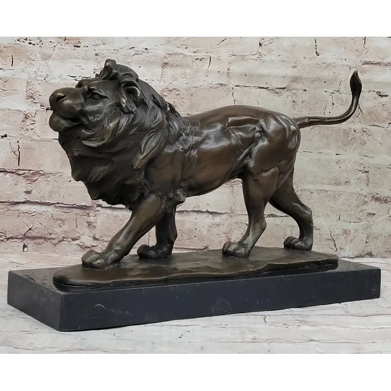 Walking Lion Bronze Sculpture Statue Figure on Marble Base Signed Milo
