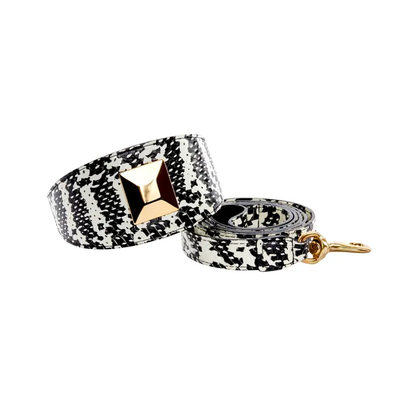 Black & White Snake 3 Wide Style Collar & Leash Set  With Large Gold Custom Rivet