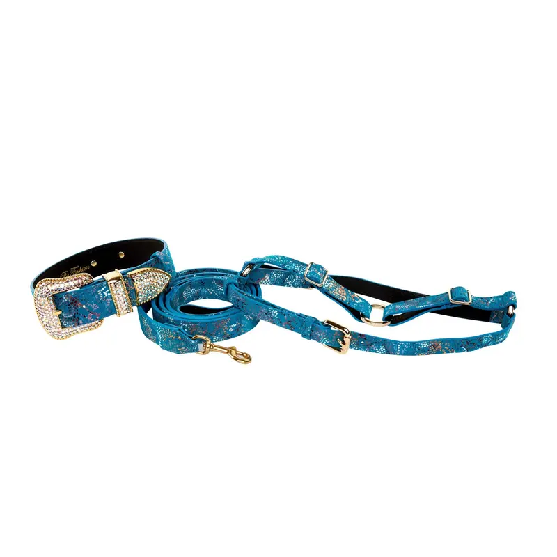 Blue Floral Mosaic Italian Leather/Swarovski Collar, Leash, Harness Set