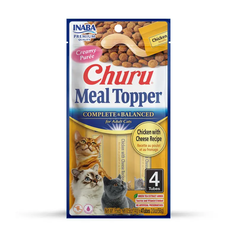 INABA Churu Pure Cat Food Topper, 0.5 Ounce Tube, 4 Tubes, Chicken with Cheese Recipe