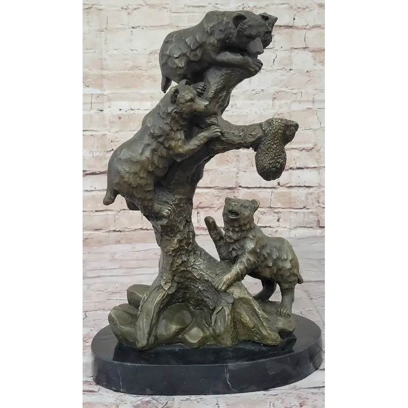 Bear Family Looking for Honey Bronze Statue Sculpture Art Decor Marble Base