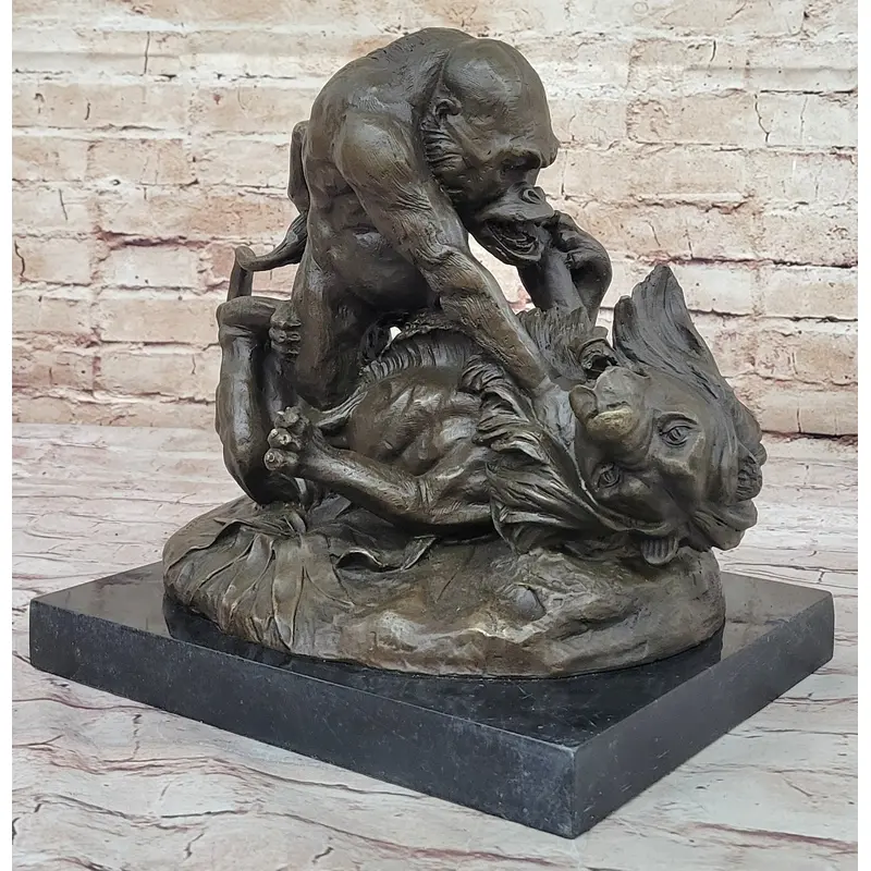 Bronze Sculpture Statue of a Gorilla vs. Lion by Clovis Edmon Masson