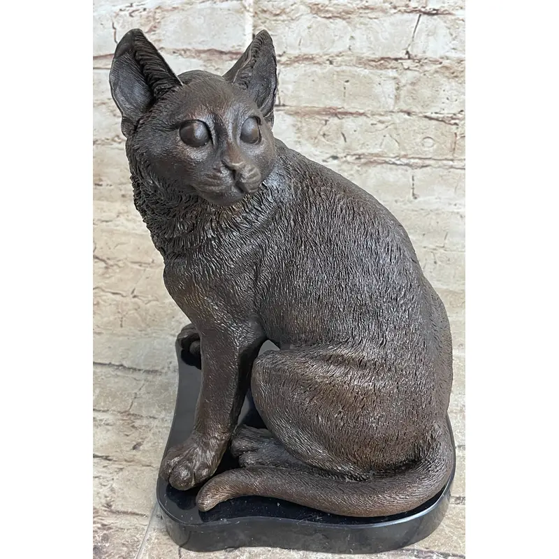 Signed Original Friendly Cat Feline Bronze Art Deco Marble Base Sculpture Figure