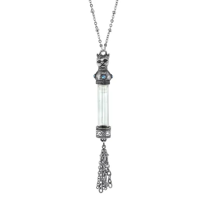 1928 Jewelry Cat Glass Vial Light Blue Crystal Tassel Necklace 30"