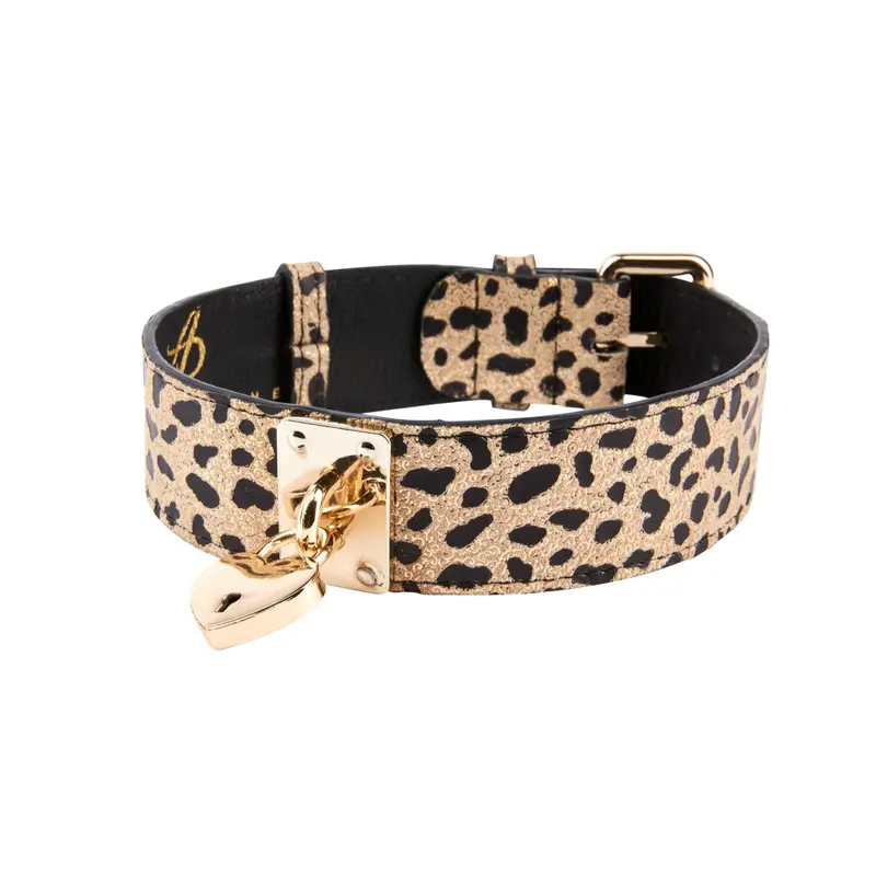 Champagne Gold Leopard Print Italian Leather Reversible Heart Locket/Classic Collar