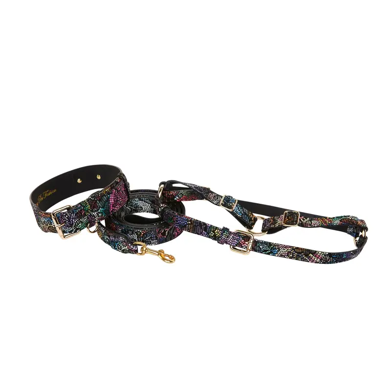 Floral/Lace Embossed Italian Leather Classic Collar, Leash, Harness Set
