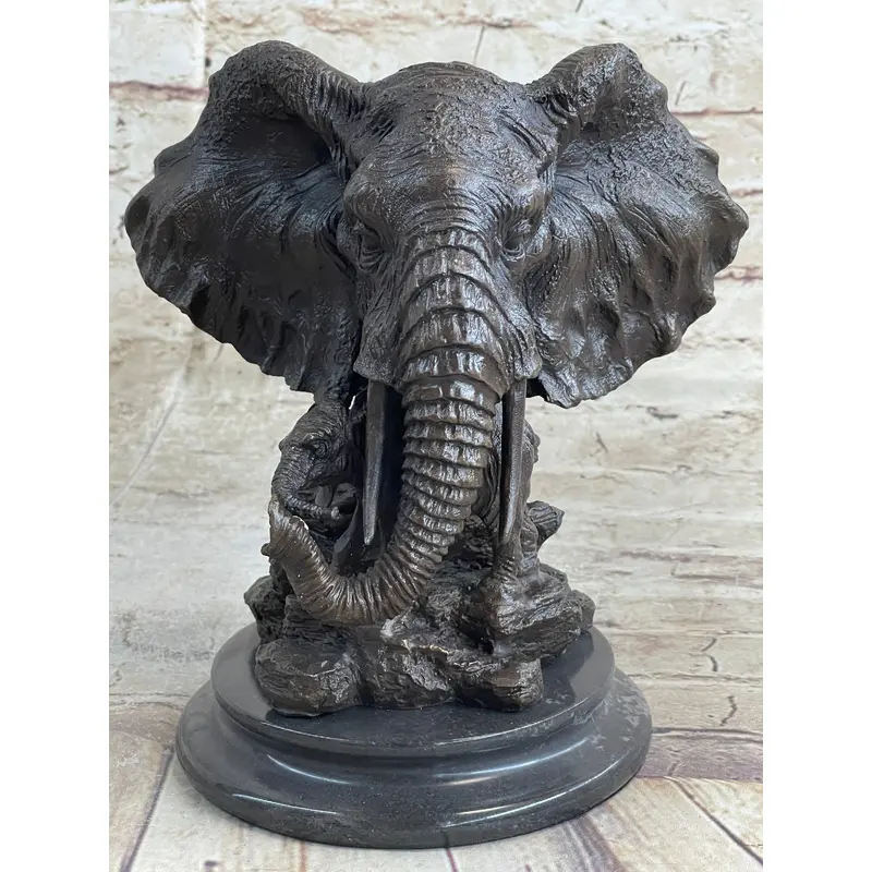 Original Striking Massive Elephant Head Bust with Baby Bronze Sculpture Statue