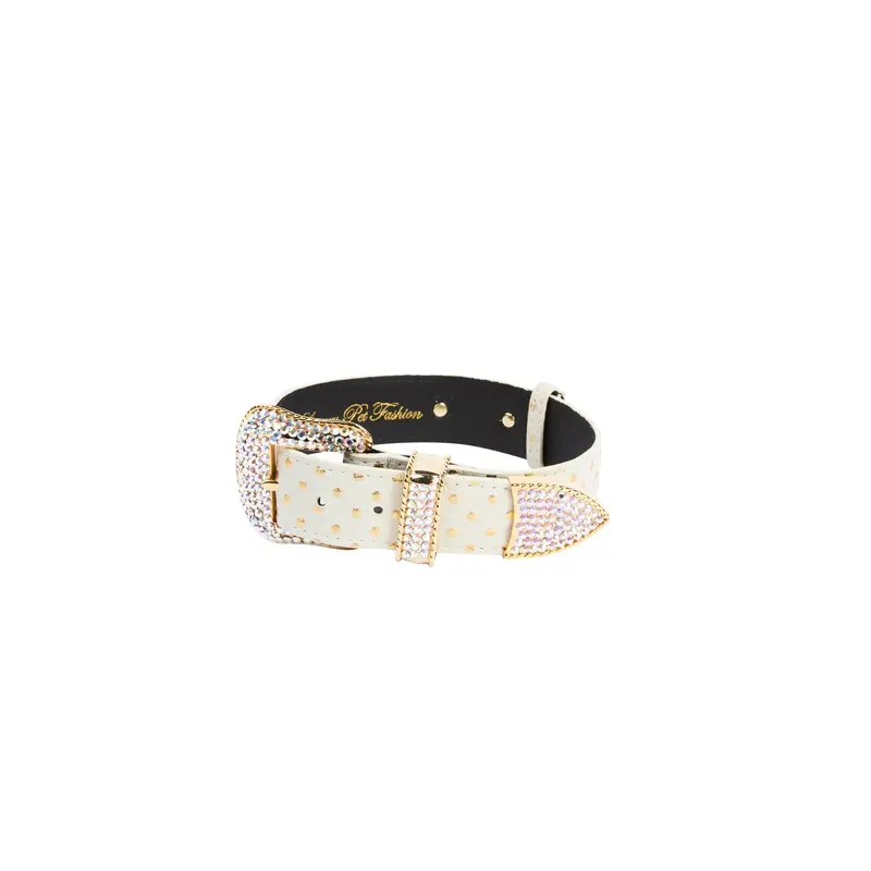 XL White and Gold Polka Dot Italian Leather/Swarovski Crystal Hardware Collar