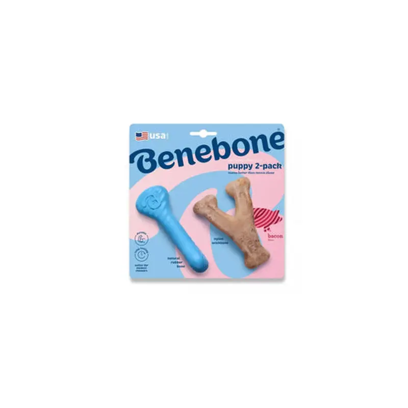 Benebone Puppy Wishbone & Rubber Bone Bacon Dog Chew Toy 2pk