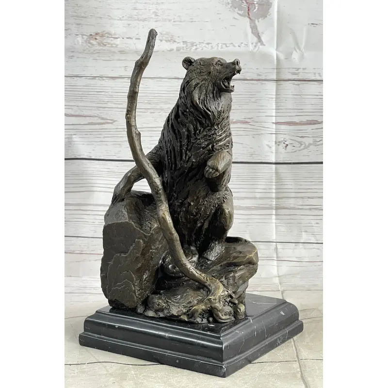 Bear Standing on Boulder Bronze Metal Statue Sculpture Figure on Marble Base