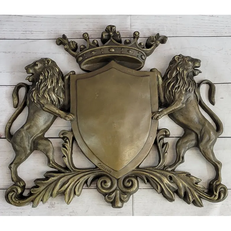 Coat of Arms Family Crest Lions Crown Bronze Wall Mounted Hanging Sculpture 13" x 16"