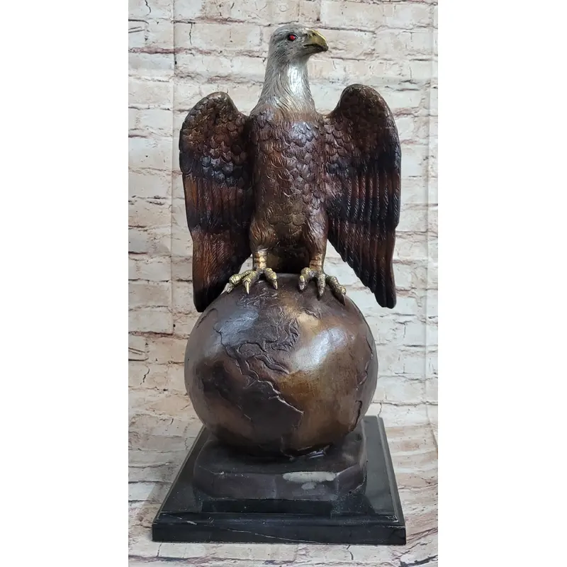 American Bald Eagle Perched on Globe Planet Earth Bronze Statue Sculpture Art