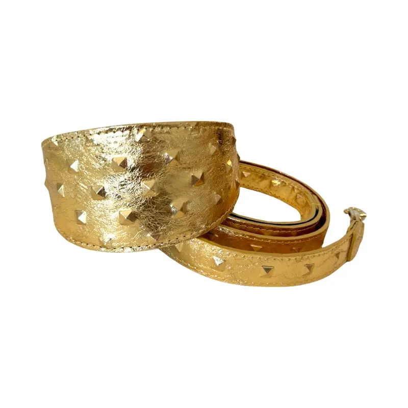 Glam Gold Embossed Studded Italian Leather 3 Wide Style Collar & Leash Set