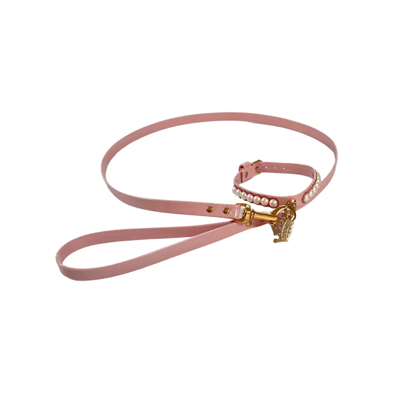 Fashion Collar and Plain Leash Set - Pink with Pearls