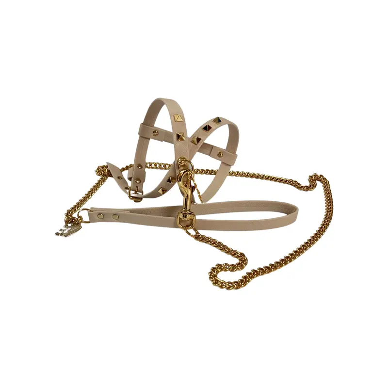 Fashion Dog Harness and Chain Leash Set - Sand with Gold Studs