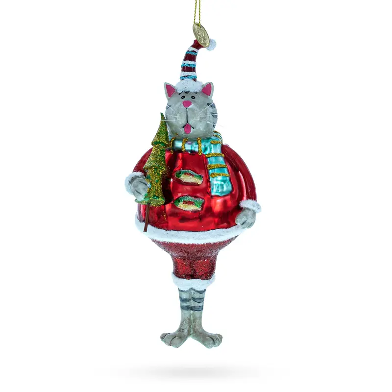 Cat in Fur Hat with Tree Glass Christmas Ornament